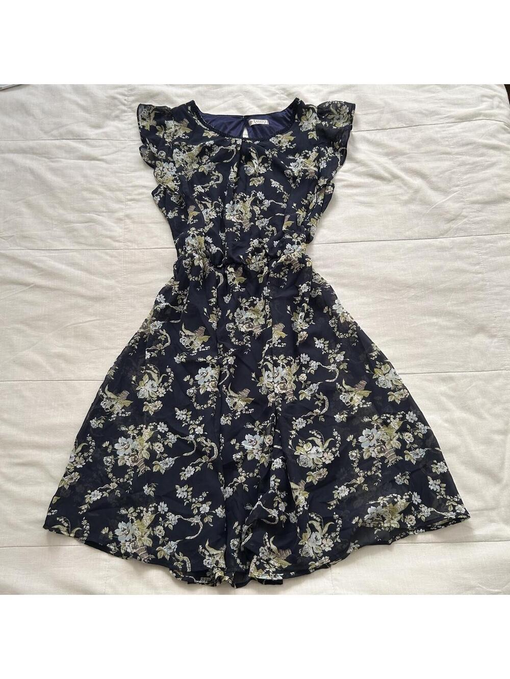 Axes Femme Navy Floral Chiffon Ruffle Dress Size M Japan